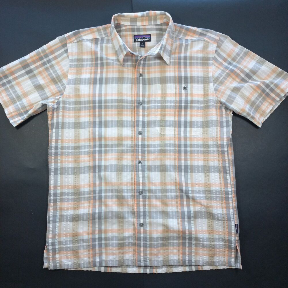 Patagonia Puckerware Shirt Mens Medium M Scorched Orange Plaid Seersucker 53004